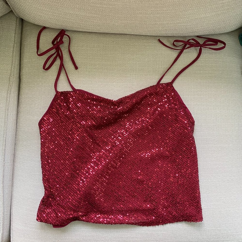 Party Pick Wine Red Sequin Tie-Strap Cami Top